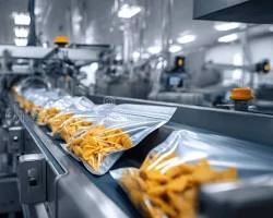 Bolsas de alimentos saliendo por cinta transportadora en línea de envasado con atmósfera protectora